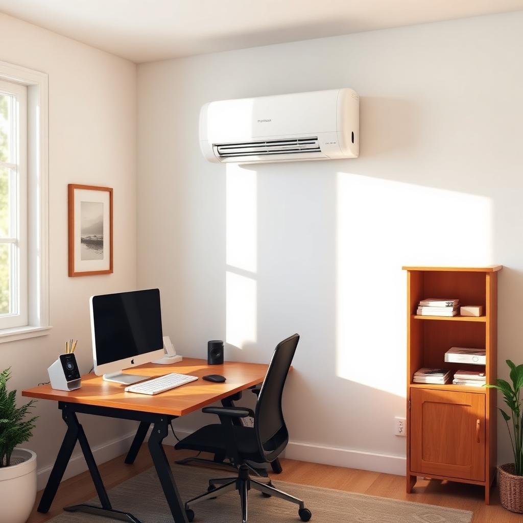 Home office con aire acondicionado instalado sobre el escritorio